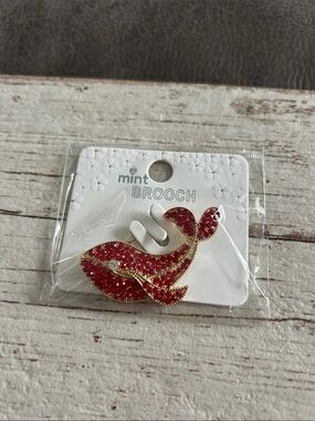 5/$25 Mint Red Rhinestone Whale Brooch